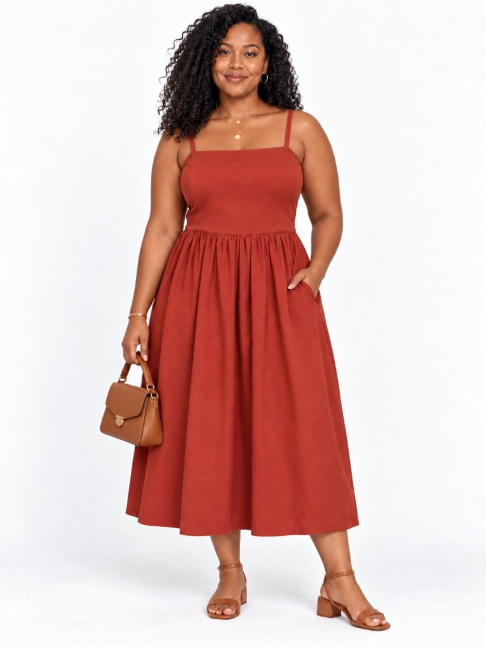 NWT The Drop XXL Rust Mixed Media Adjustable Strap Midi Dress w Pockets
